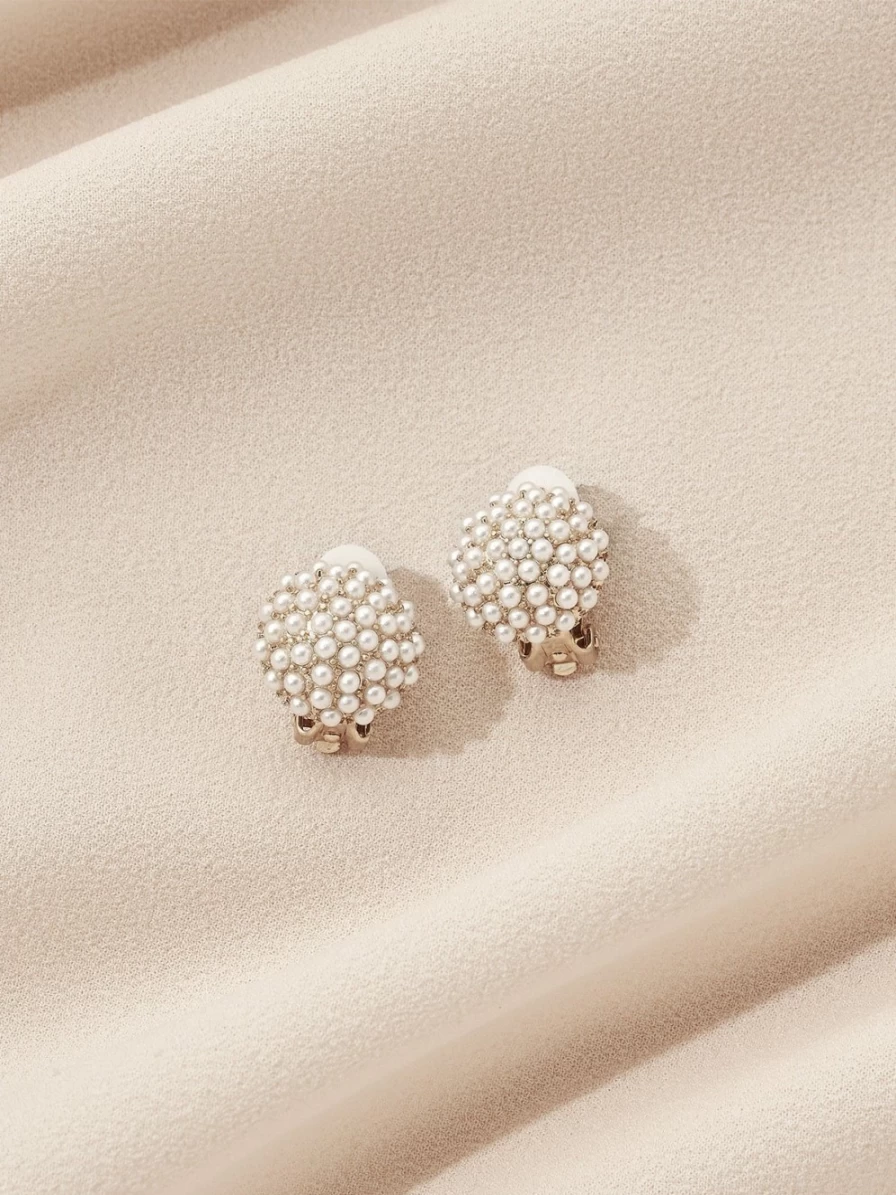 Olive & Piper Gold Pearl Pave Stud Clip-On Earrings for Women