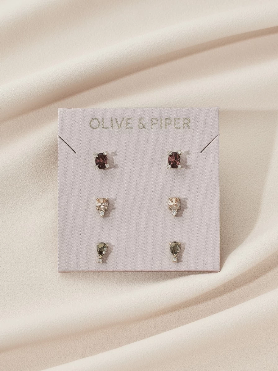 Olive & Piper Gold & Rosewood Magnolia Stud Earrings Set - Floral Design Studs