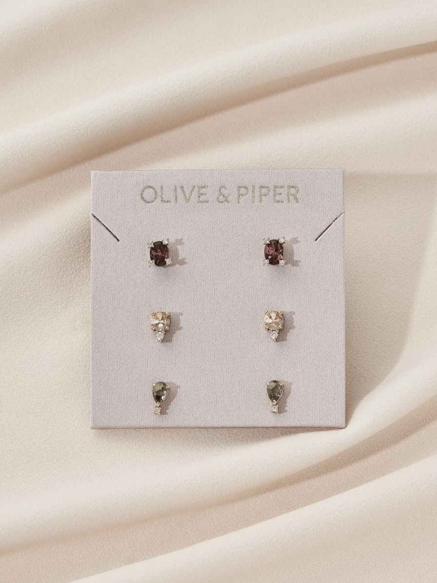 Olive & Piper Gold & Rosewood Magnolia Stud Earrings Set - Elegant Floral Design